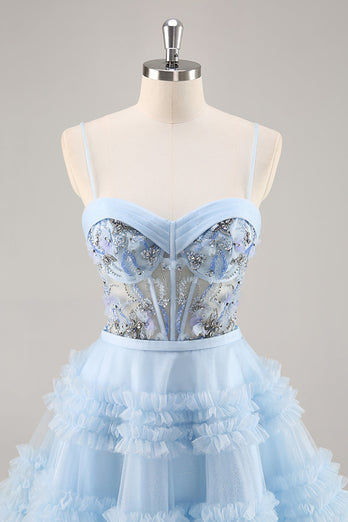 Sparkly Short Blue Corset Floral Ruffled Homecoming Dress with Beading