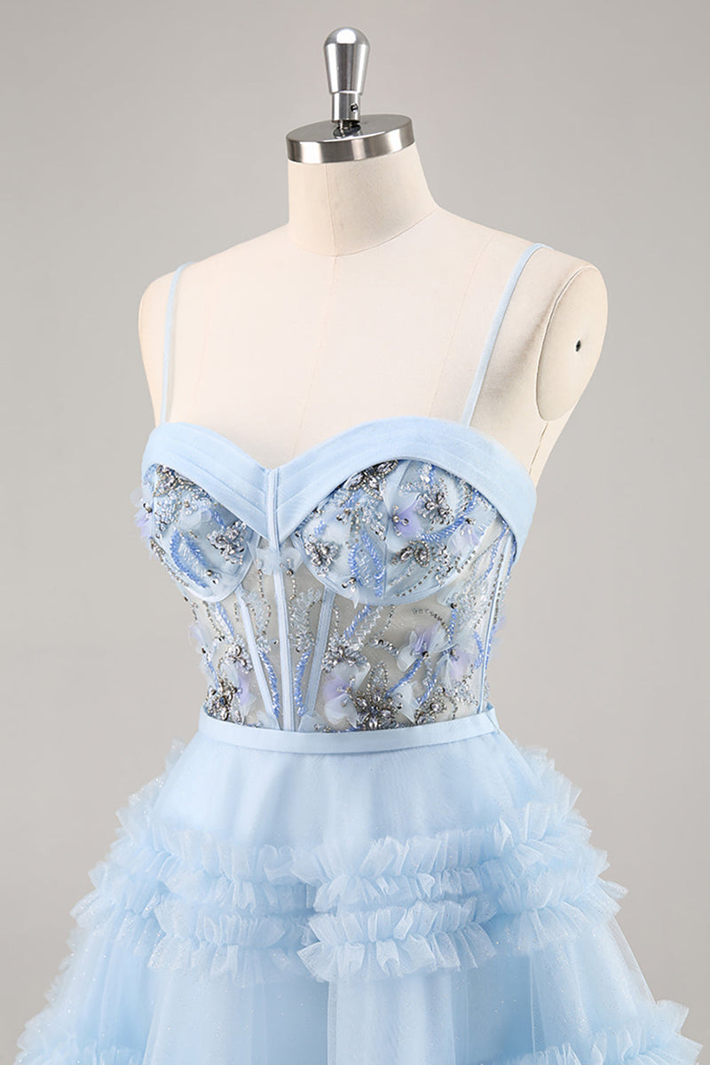 Load image into Gallery viewer, Sparkly Short Blue Corset Floral Ruffled Homecoming Dress with Beading