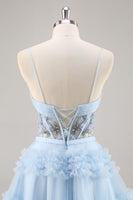 Load image into Gallery viewer, Sparkly Short Blue Corset Floral Ruffled Homecoming Dress with Beading