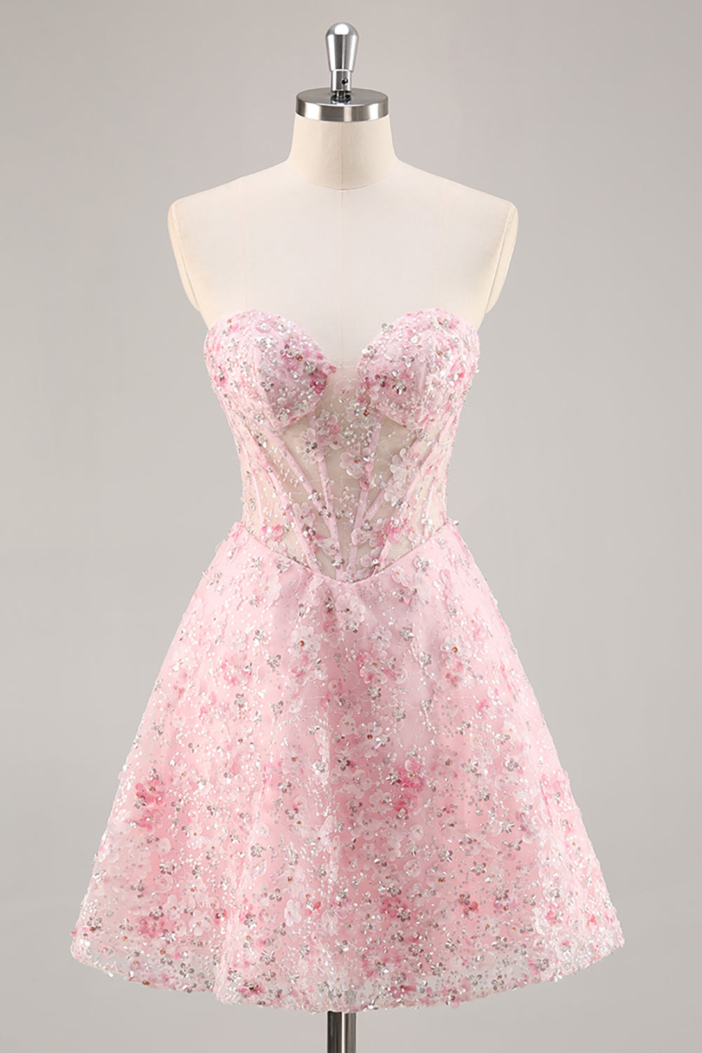 Sparkly Pink Sweetheart Short Corset Floral Homecoming Dress with Sequins