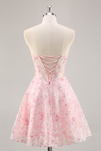 Sparkly Pink Sweetheart Short Corset Floral Homecoming Dress with Sequins