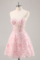 Load image into Gallery viewer, Sparkly Pink Sweetheart Short Corset Floral Homecoming Dress with Sequins