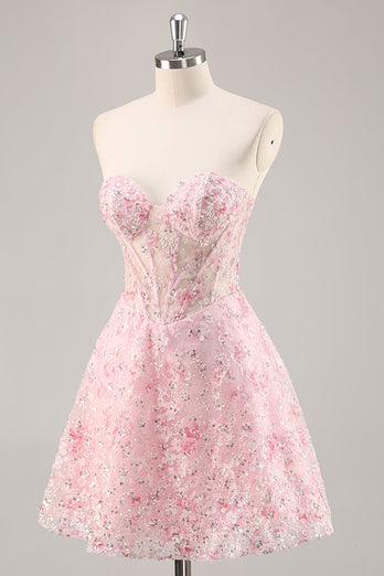 Sparkly Pink Sweetheart Short Corset Floral Homecoming Dress with Sequins