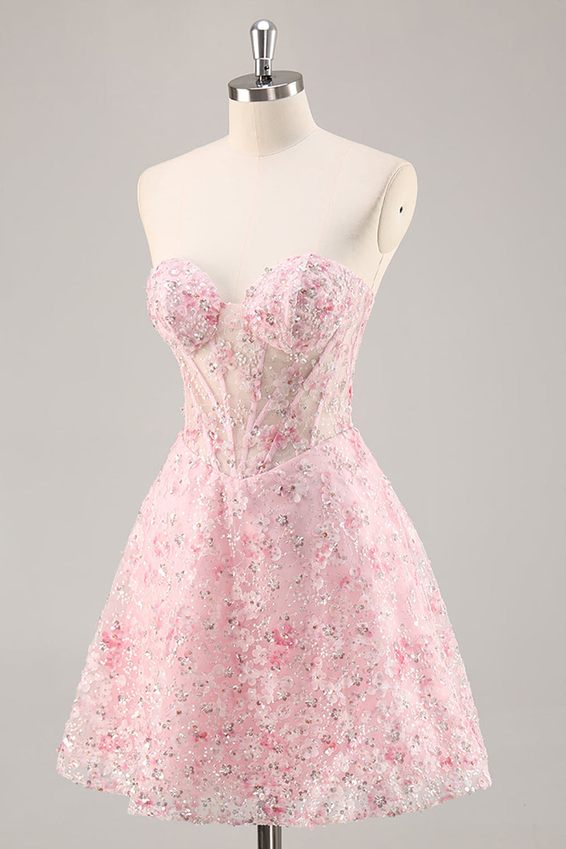 Load image into Gallery viewer, Sparkly Pink Sweetheart Short Corset Floral Homecoming Dress with Sequins