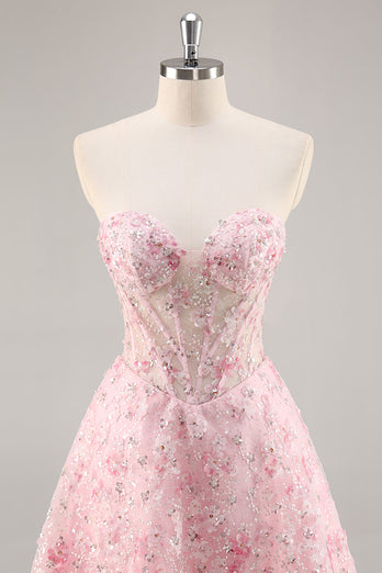 Sparkly Pink Sweetheart Short Corset Floral Homecoming Dress with Sequins