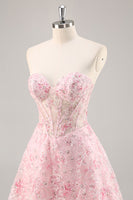 Load image into Gallery viewer, Sparkly Pink Sweetheart Short Corset Floral Homecoming Dress with Sequins