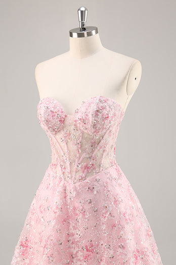 Sparkly Pink Sweetheart Short Corset Floral Homecoming Dress with Sequins