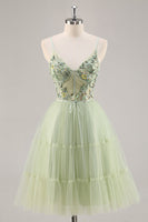 Load image into Gallery viewer, Short Green Floral Corset Tulle Homecoming Dress with Appliques
