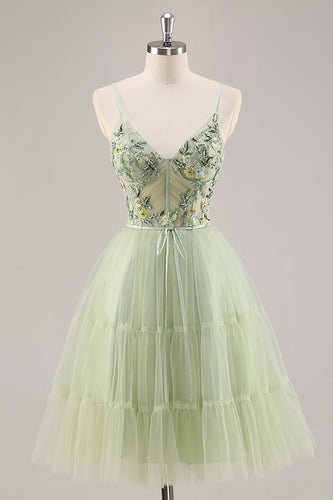 Short Green Floral Corset Tulle Homecoming Dress with Appliques