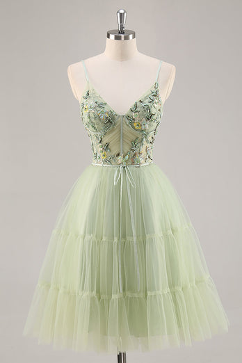 Short Green Floral Corset Tulle Homecoming Dress with Appliques