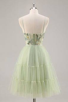 Short Green Floral Corset Tulle Homecoming Dress with Appliques