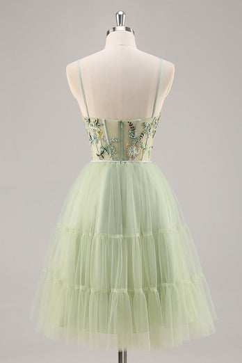 Short Green Floral Corset Tulle Homecoming Dress with Appliques