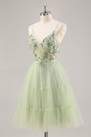 Load image into Gallery viewer, Short Green Floral Corset Tulle Homecoming Dress with Appliques