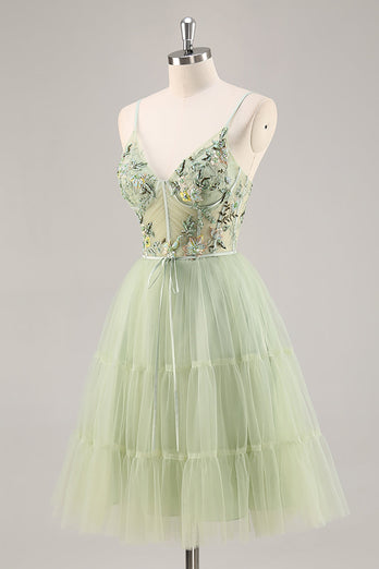 Short Green Floral Corset Tulle Homecoming Dress with Appliques