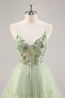 Load image into Gallery viewer, Short Green Floral Corset Tulle Homecoming Dress with Appliques