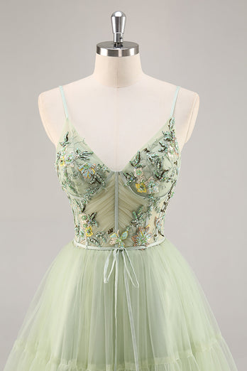 Short Green Floral Corset Tulle Homecoming Dress with Appliques