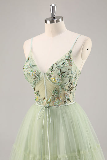 Short Green Floral Corset Tulle Homecoming Dress with Appliques