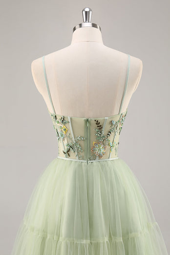Short Green Floral Corset Tulle Homecoming Dress with Appliques