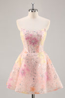 Load image into Gallery viewer, Sparkly Pink Strapless Short Corset Floral Homecoming Dress with Beading