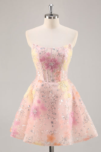Sparkly Pink Strapless Short Corset Floral Homecoming Dress with Beading