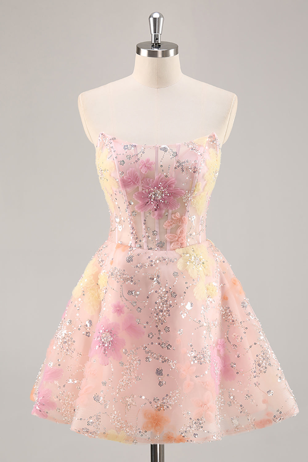 Sparkly Pink Strapless Short Corset Floral Homecoming Dress with Beading