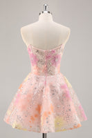 Load image into Gallery viewer, Sparkly Pink Strapless Short Corset Floral Homecoming Dress with Beading