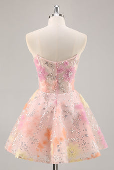 Sparkly Pink Strapless Short Corset Floral Homecoming Dress with Beading