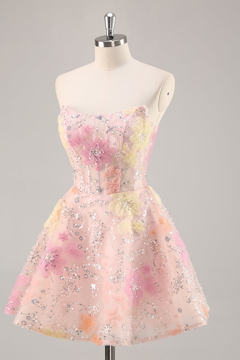 Load image into Gallery viewer, Sparkly Pink Strapless Short Corset Floral Homecoming Dress with Beading