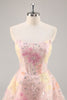 Load image into Gallery viewer, Sparkly Pink Strapless Short Corset Floral Homecoming Dress with Beading