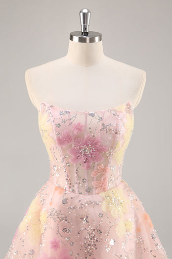 Sparkly Pink Strapless Short Corset Floral Homecoming Dress with Beading