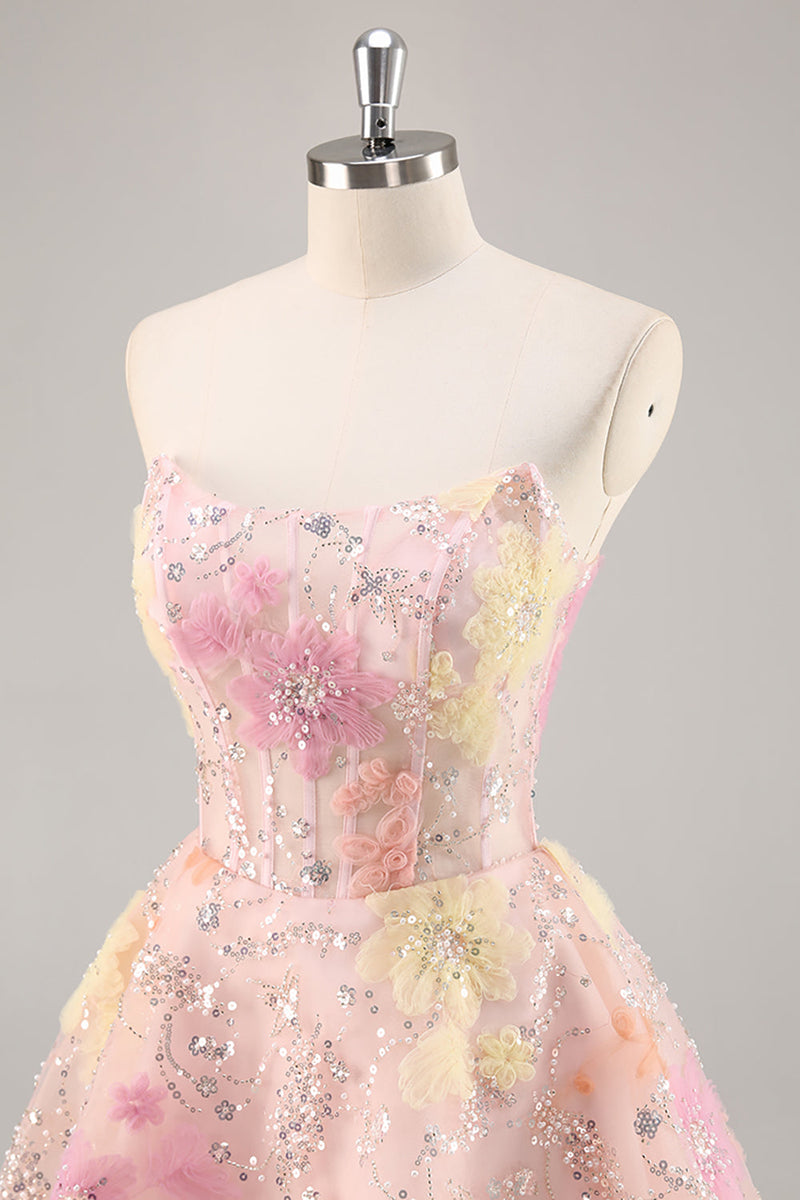 Load image into Gallery viewer, Sparkly Pink Strapless Short Corset Floral Homecoming Dress with Beading