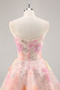 Load image into Gallery viewer, Sparkly Pink Strapless Short Corset Floral Homecoming Dress with Beading