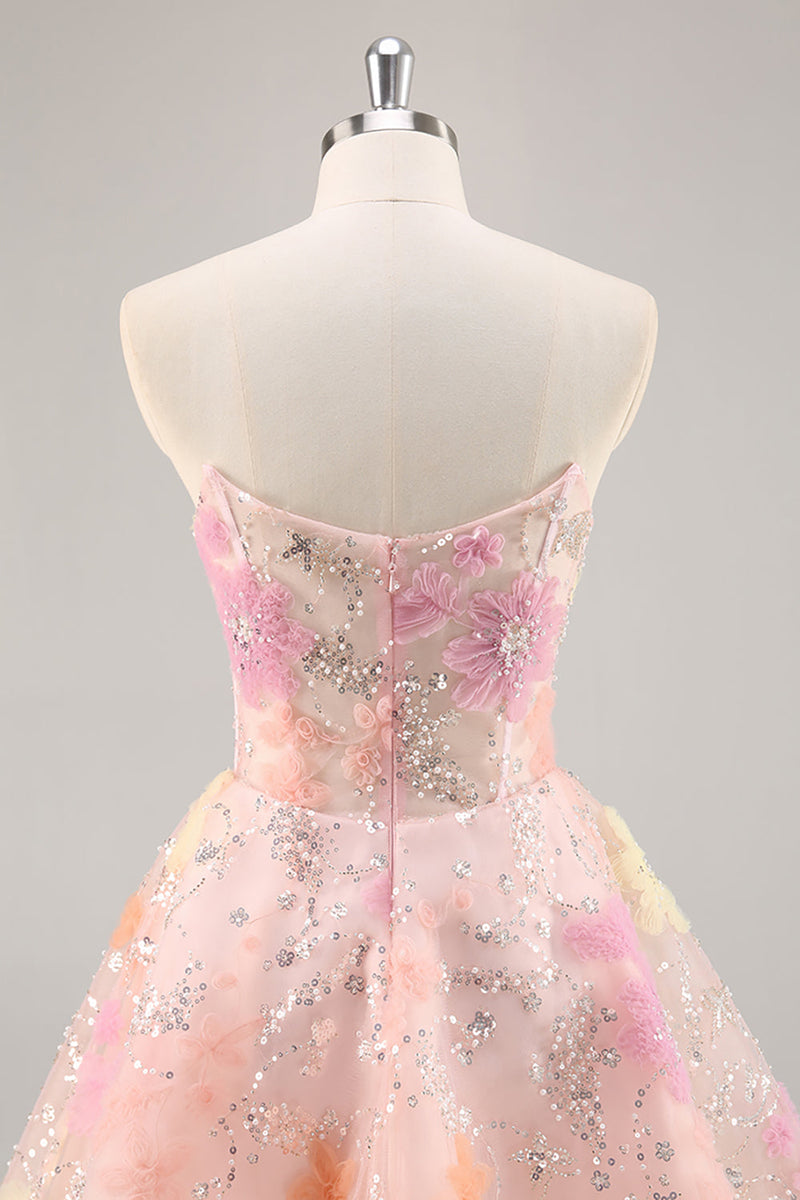 Load image into Gallery viewer, Sparkly Pink Strapless Short Corset Floral Homecoming Dress with Beading