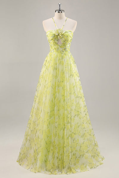 Yellow Green Floral Tulle Long Ruched Prom Dress with Keyhole