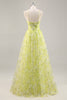 Load image into Gallery viewer, Yellow Green Floral Tulle Long Ruched Prom Dress with Keyhole