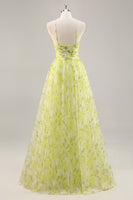 Load image into Gallery viewer, Yellow Green Floral Tulle Long Ruched Prom Dress with Keyhole