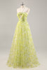 Load image into Gallery viewer, Yellow Green Floral Tulle Long Ruched Prom Dress with Keyhole