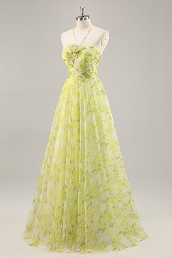 Yellow Green Floral Tulle Long Ruched Prom Dress with Keyhole