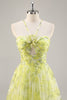 Load image into Gallery viewer, Yellow Green Floral Tulle Long Ruched Prom Dress with Keyhole