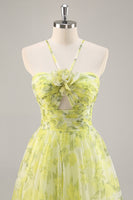 Load image into Gallery viewer, Yellow Green Floral Tulle Long Ruched Prom Dress with Keyhole