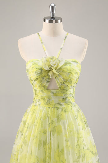 Yellow Green Floral Tulle Long Ruched Prom Dress with Keyhole