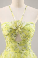 Load image into Gallery viewer, Yellow Green Floral Tulle Long Ruched Prom Dress with Keyhole