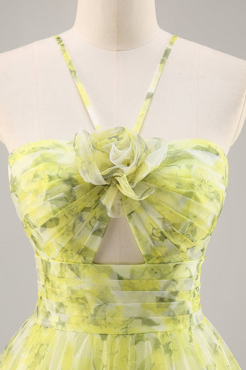 Yellow Green Floral Tulle Long Ruched Prom Dress with Keyhole