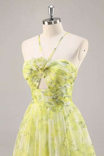 Yellow Green Floral Tulle Long Ruched Prom Dress with Keyhole
