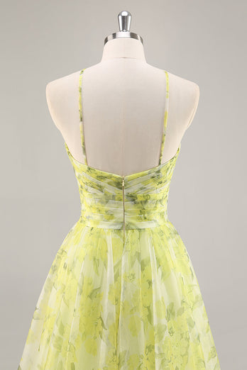 Yellow Green Floral Tulle Long Ruched Prom Dress with Keyhole