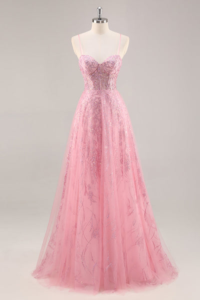 Sparkly Pink Spaghetti Straps Corset Tulle Long Prom Dress with Sequins