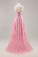 Load image into Gallery viewer, Sparkly Pink Spaghetti Straps Corset Tulle Long Prom Dress with Sequins