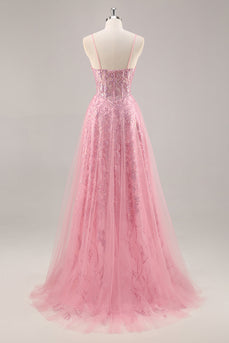 Sparkly Pink Spaghetti Straps Corset Tulle Long Prom Dress with Sequins