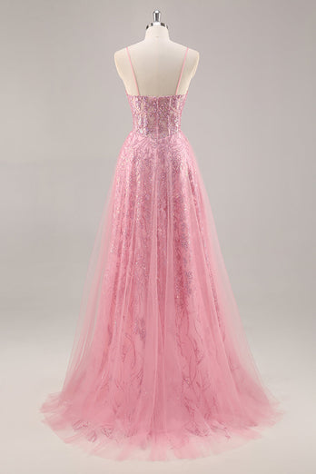 Sparkly Pink Spaghetti Straps Corset Tulle Long Prom Dress with Sequins