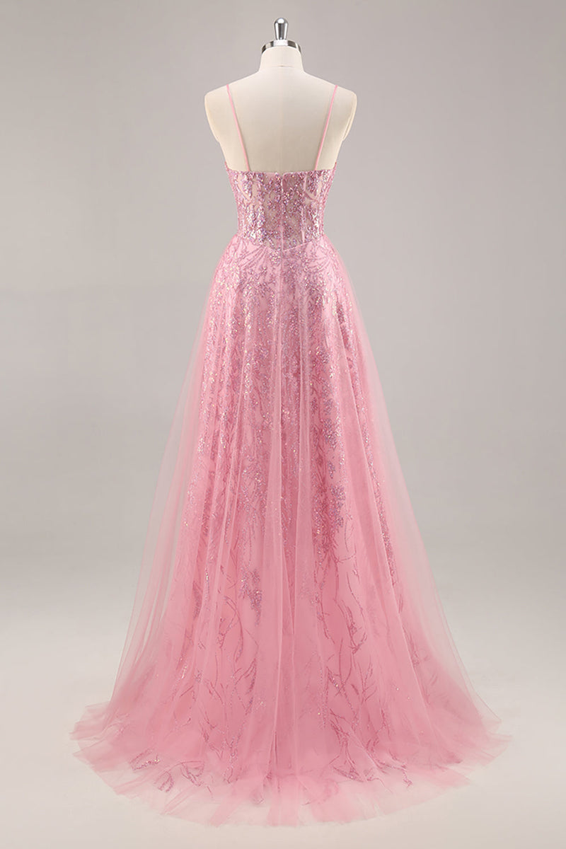 Load image into Gallery viewer, Sparkly Pink Spaghetti Straps Corset Tulle Long Prom Dress with Sequins
